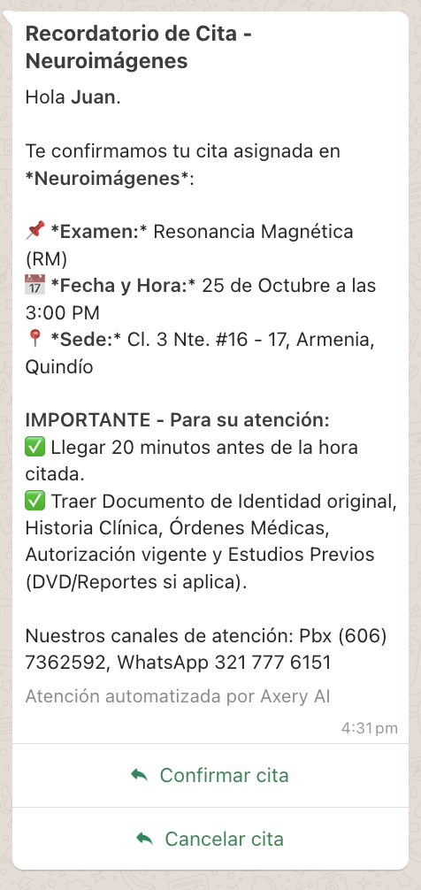 Ejemplo de confirmación de cita por WhatsApp con botones Confirmar y Cancelar